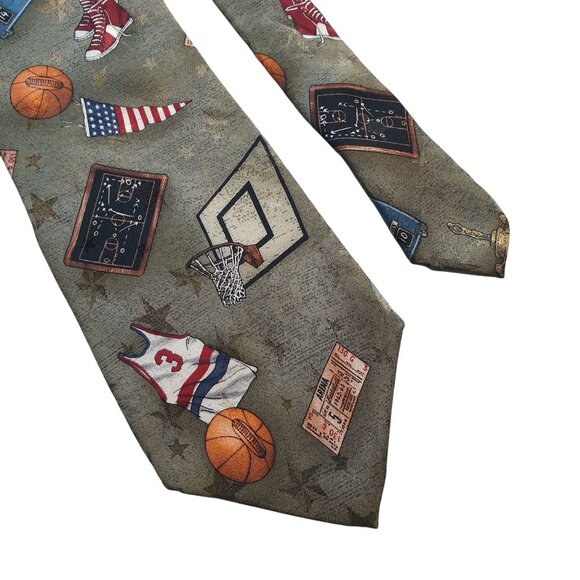 Vintage Americana Sports Themed Necktie Featuring Basketball Coach Team Trophies - Picture 3 of 6